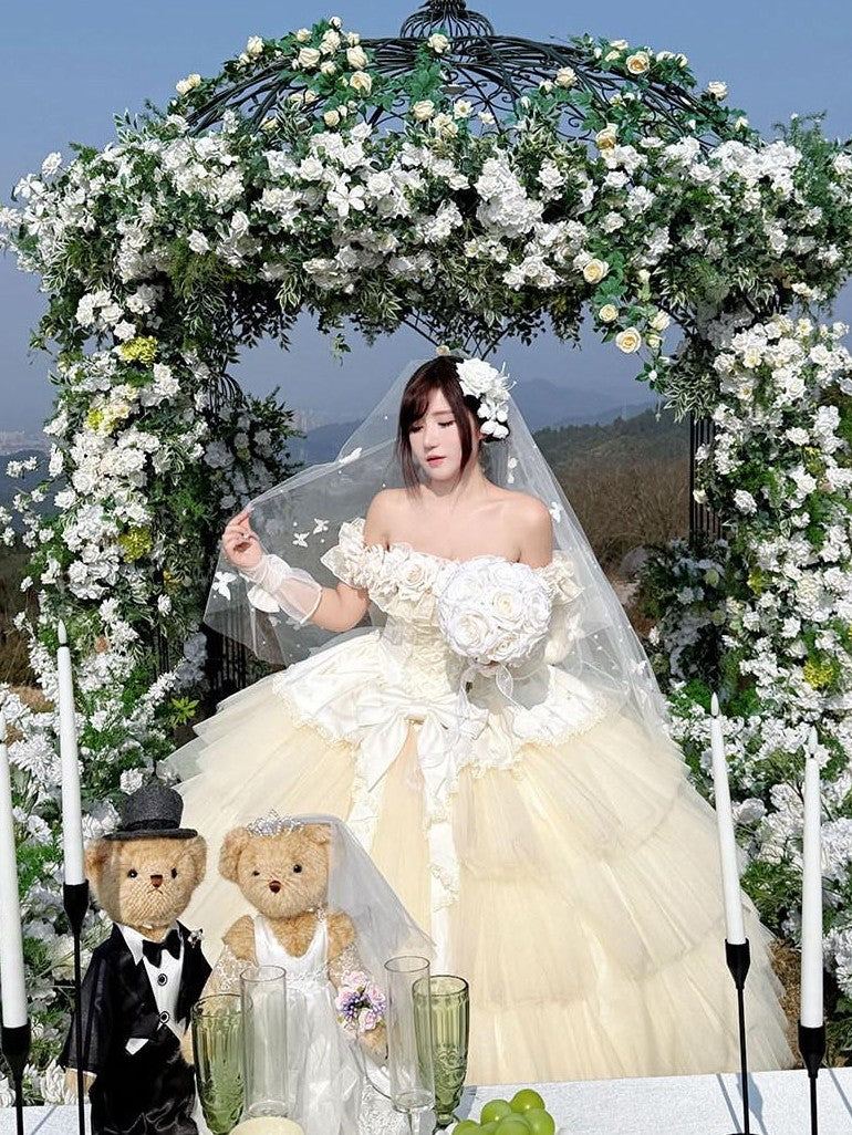 Diamond Sweetheart Apricot Rose Tulle Lace Shawl Bow Train Women's Jsk / Jumper Skirts
