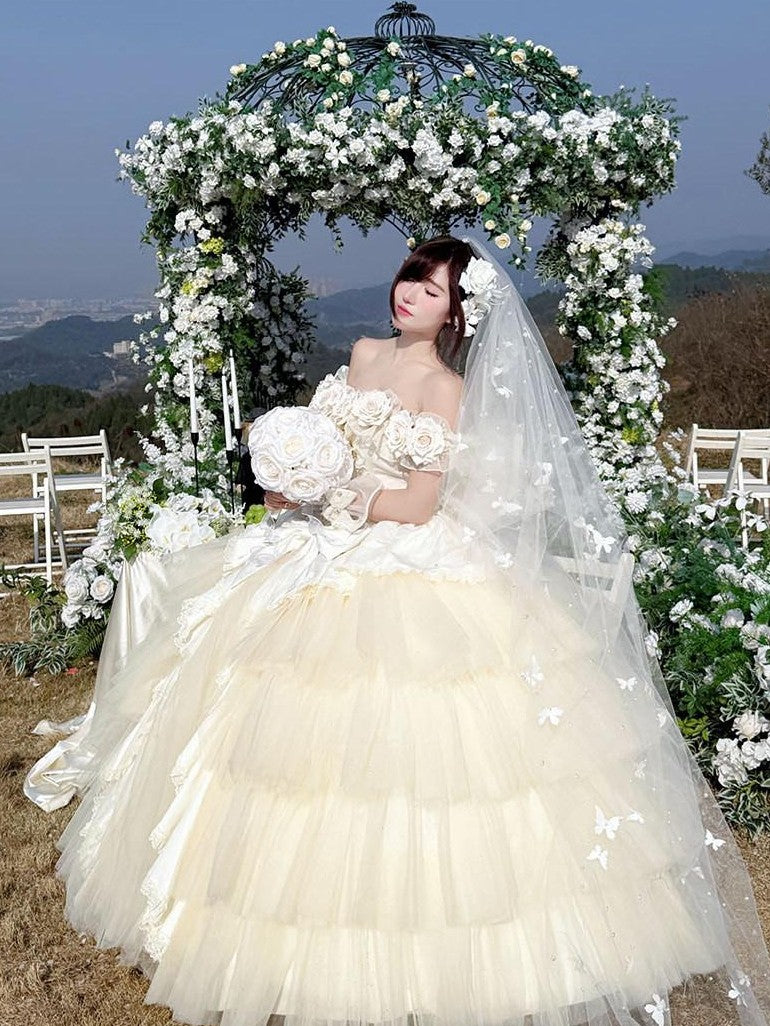Diamond Sweetheart Apricot Rose Tulle Lace Shawl Bow Train Women's Jsk / Jumper Skirts