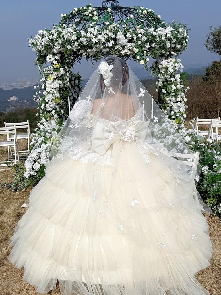 Diamond Sweetheart Apricot Rose Tulle Lace Shawl Bow Train Women's Jsk / Jumper Skirts