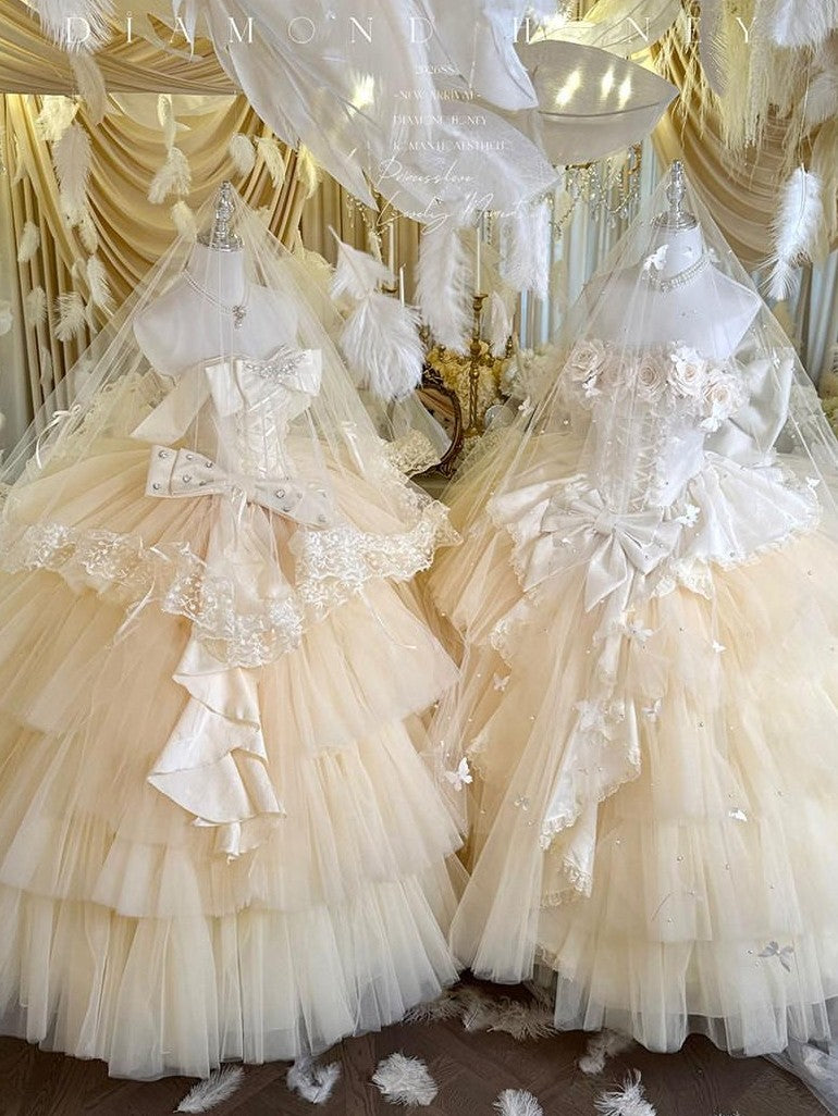 Diamond Sweetheart Apricot Rose Tulle Lace Shawl Bow Train Women's Jsk / Jumper Skirts