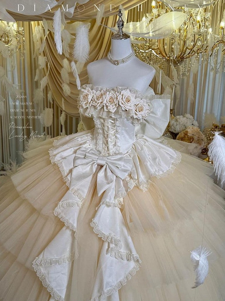 Diamond Sweetheart Apricot Rose Tulle Lace Shawl Bow Train Women's Jsk / Jumper Skirts