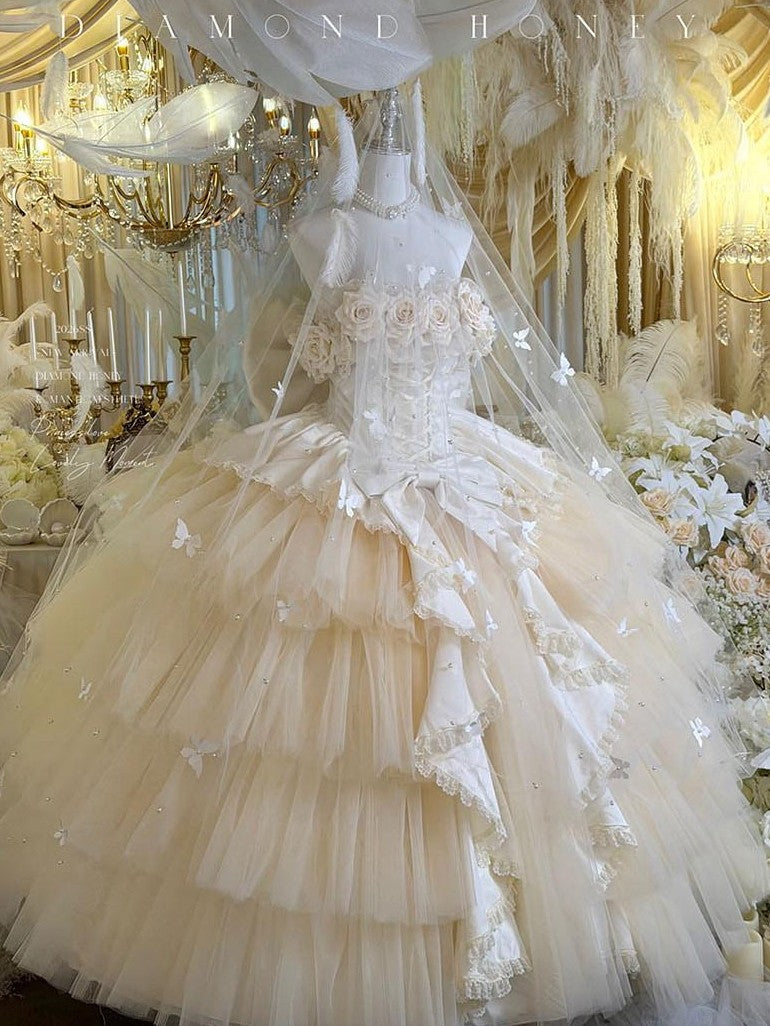 Diamond Sweetheart Apricot Rose Tulle Lace Shawl Bow Train Women's Jsk / Jumper Skirts