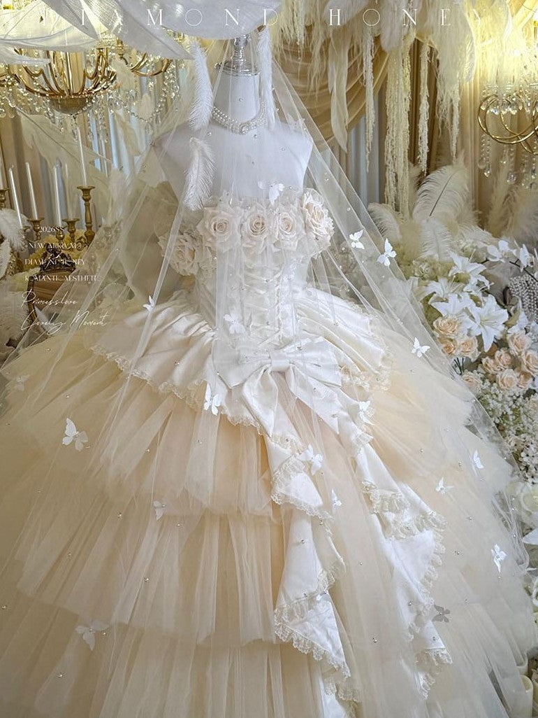 Diamond Sweetheart Apricot Rose Tulle Lace Shawl Bow Train Women's Jsk / Jumper Skirts