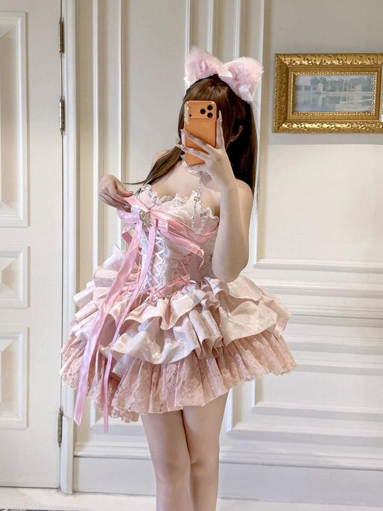 Diamond Sweetheart Ballet Bow Neck Princess Short Party Women's Jsk / Jumper Skirts