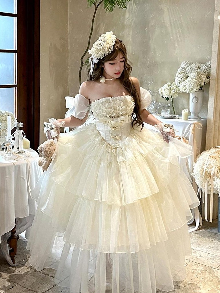 Diamond Sweetheart Beige Lace Up Princess High Waist Strapless Women's Op / One Piece Dresses