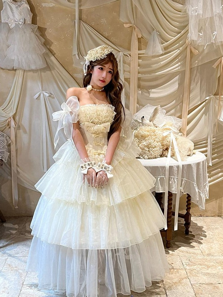 Diamond Sweetheart Beige Lace Up Princess High Waist Strapless Women's Op / One Piece Dresses