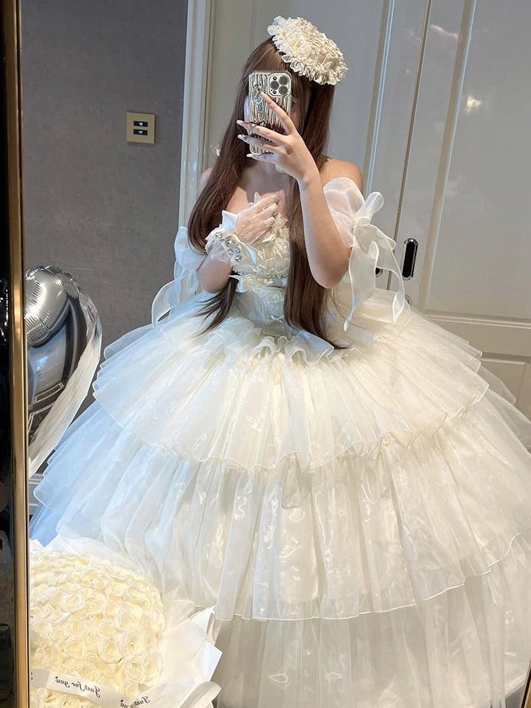 Diamond Sweetheart Beige Lace Up Princess High Waist Strapless Women's Op / One Piece Dresses