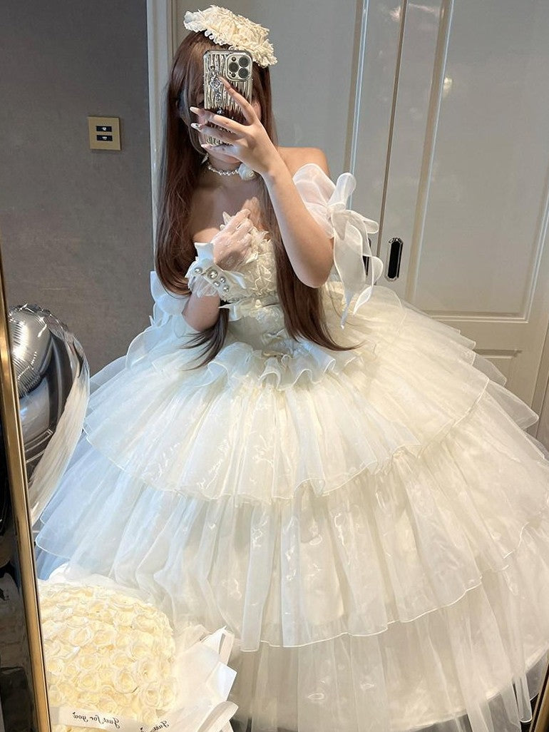 Diamond Sweetheart Beige Lace Up Princess High Waist Strapless Women's Op / One Piece Dresses