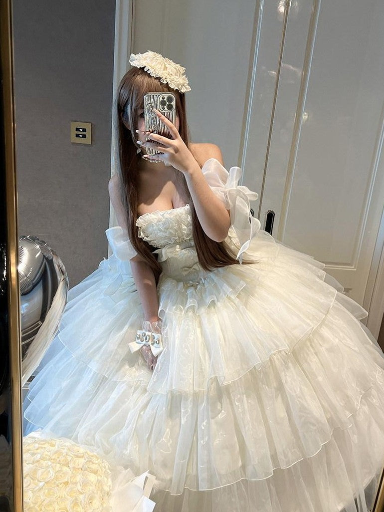 Diamond Sweetheart Beige Lace Up Princess High Waist Strapless Women's Op / One Piece Dresses