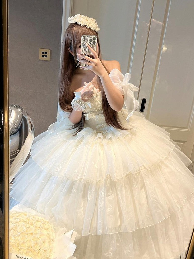 Diamond Sweetheart Beige Lace Up Princess High Waist Strapless Women's Op / One Piece Dresses