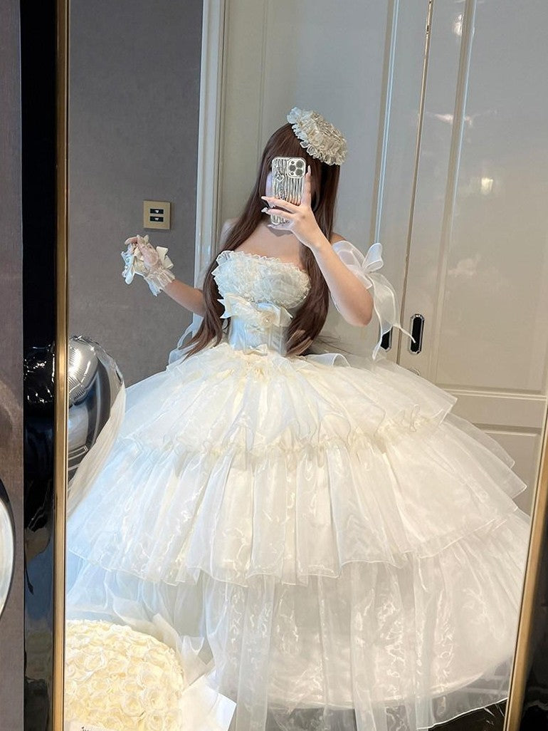 Diamond Sweetheart Beige Lace Up Princess High Waist Strapless Women's Op / One Piece Dresses