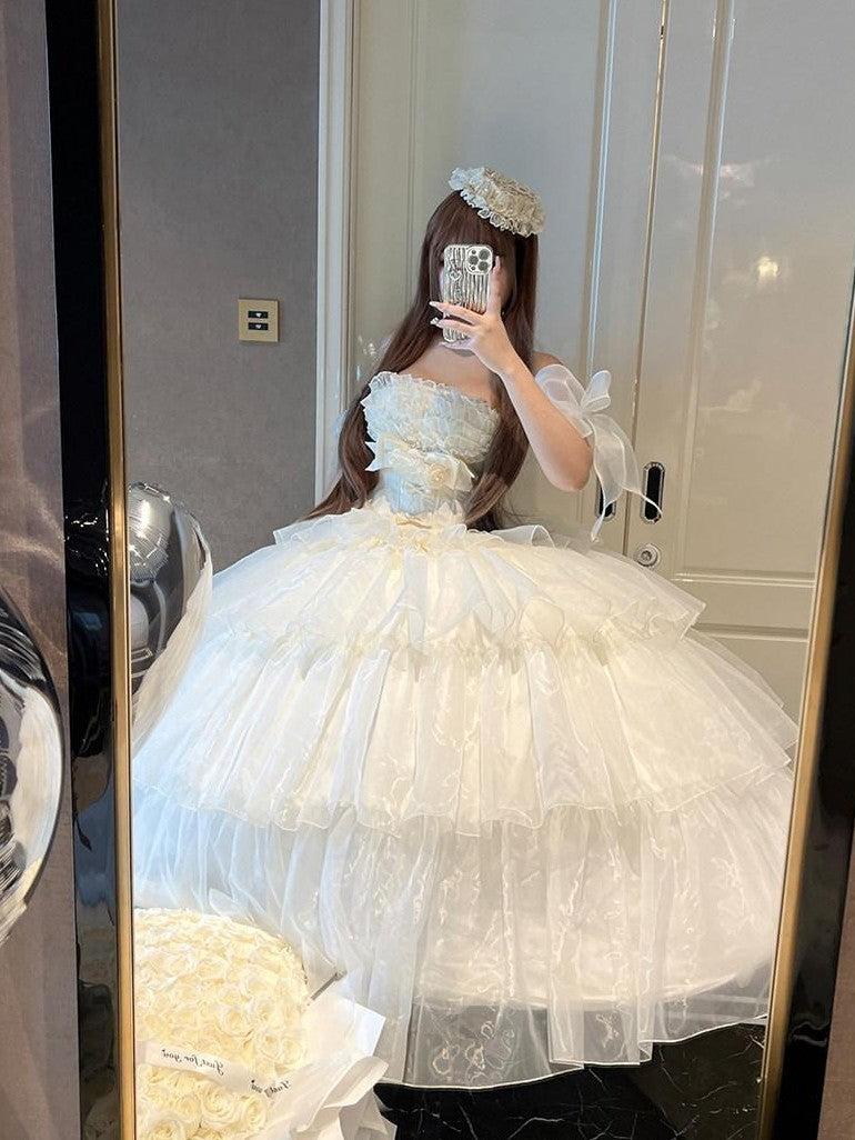 Diamond Sweetheart Beige Lace Up Princess High Waist Strapless Women's Op / One Piece Dresses