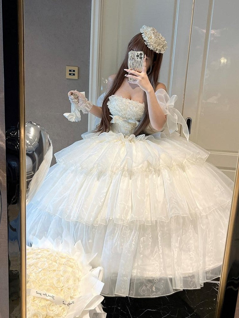 Diamond Sweetheart Beige Lace Up Princess High Waist Strapless Women's Op / One Piece Dresses