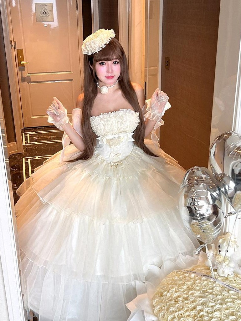 Diamond Sweetheart Beige Lace Up Princess High Waist Strapless Women's Op / One Piece Dresses
