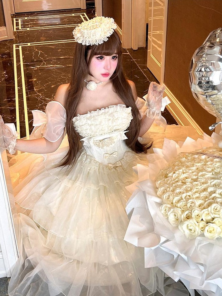 Diamond Sweetheart Beige Lace Up Princess High Waist Strapless Women's Op / One Piece Dresses
