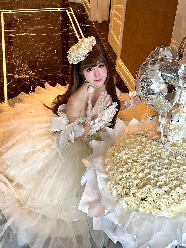 Diamond Sweetheart Beige Lace Up Princess High Waist Strapless Women's Op / One Piece Dresses