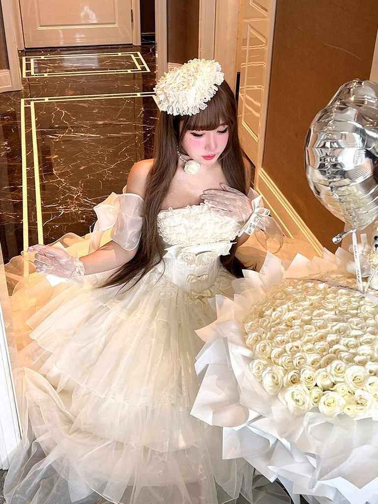 Diamond Sweetheart Beige Lace Up Princess High Waist Strapless Women's Op / One Piece Dresses