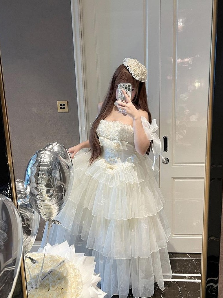Diamond Sweetheart Beige Lace Up Princess High Waist Strapless Women's Op / One Piece Dresses