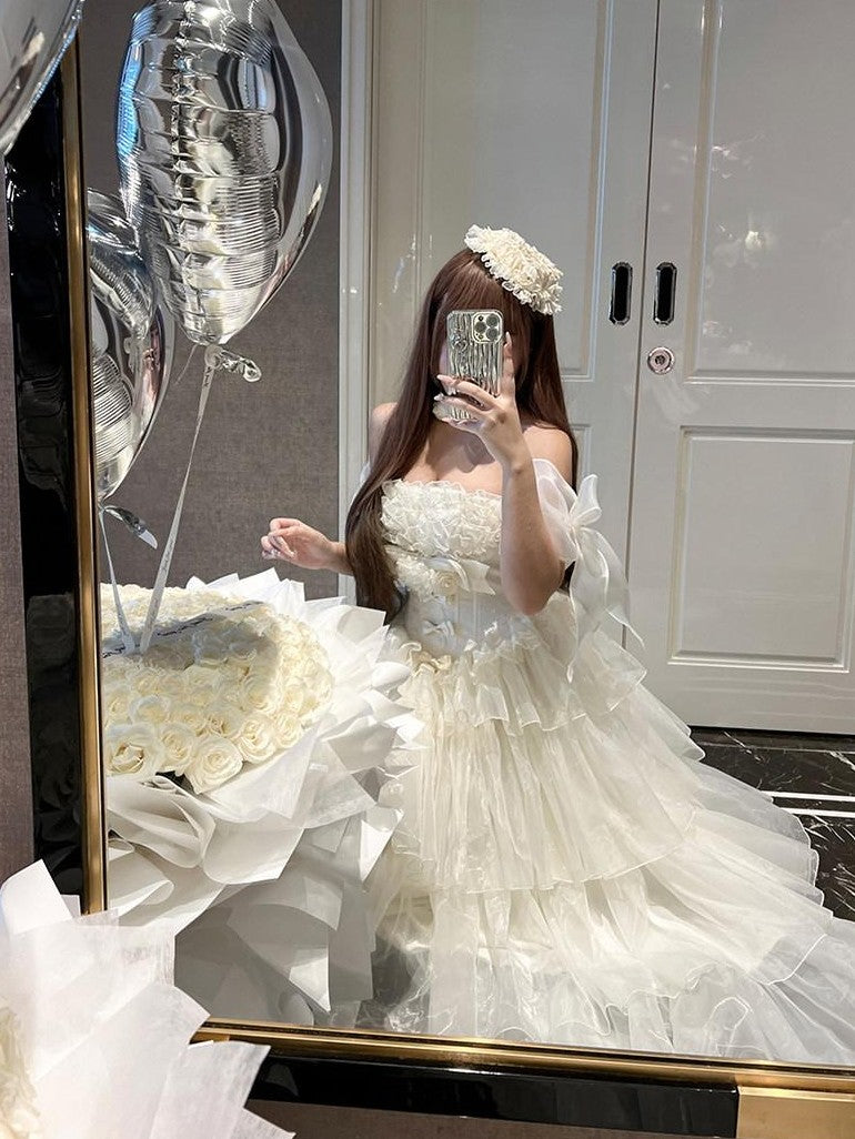 Diamond Sweetheart Beige Lace Up Princess High Waist Strapless Women's Op / One Piece Dresses