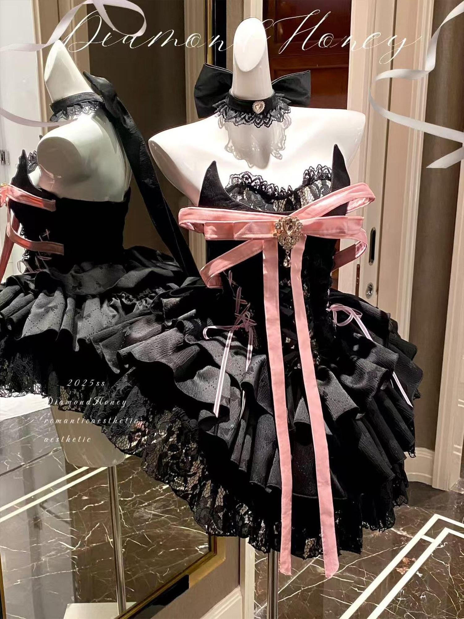 Diamond Sweetheart Black Pink Neck Bow Ballet Princess Women's Jsk / Jumper Skirts