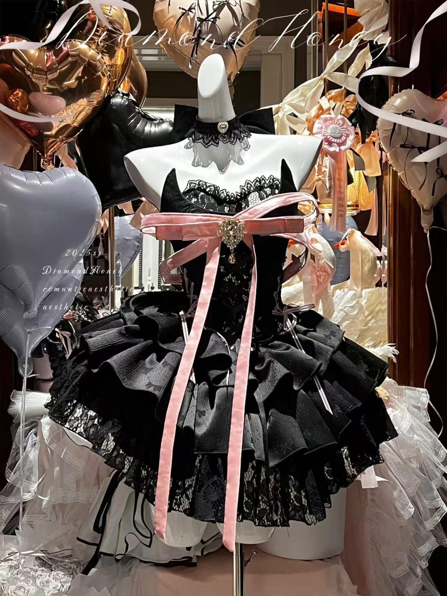 Diamond Sweetheart Black Pink Neck Bow Ballet Princess Women's Jsk / Jumper Skirts