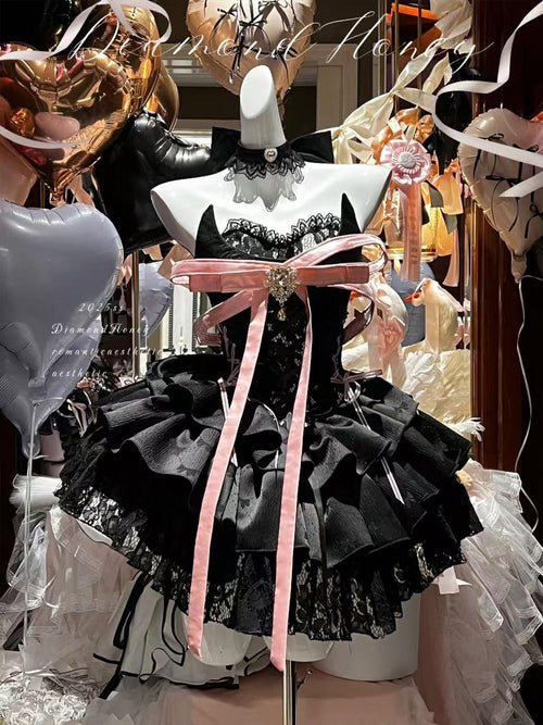 Diamond Sweetheart Black Pink Neck Bow Ballet Princess Women's Jsk / Jumper Skirts