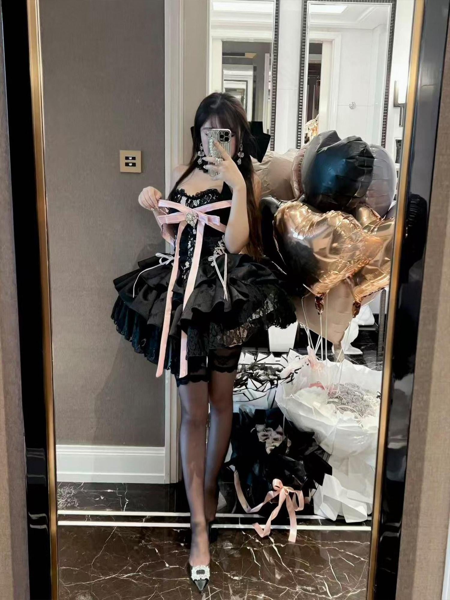 Diamond Sweetheart Black Pink Neck Bow Ballet Princess Women's Jsk / Jumper Skirts