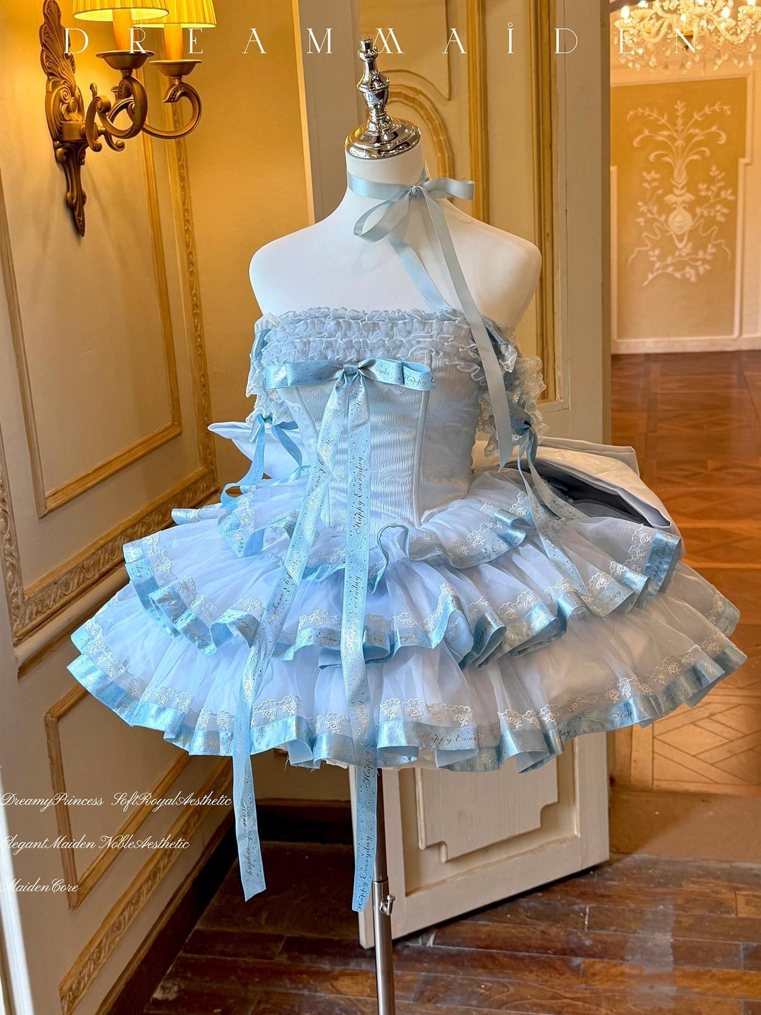 Diamond Sweetheart Blue Satin Ribbon Trailing Bow Princess Women's Jsk / Jumper Skirts