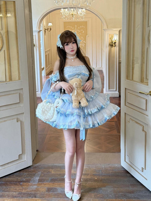 Diamond Sweetheart Blue Satin Ribbon Trailing Bow Princess Women's Jsk / Jumper Skirts