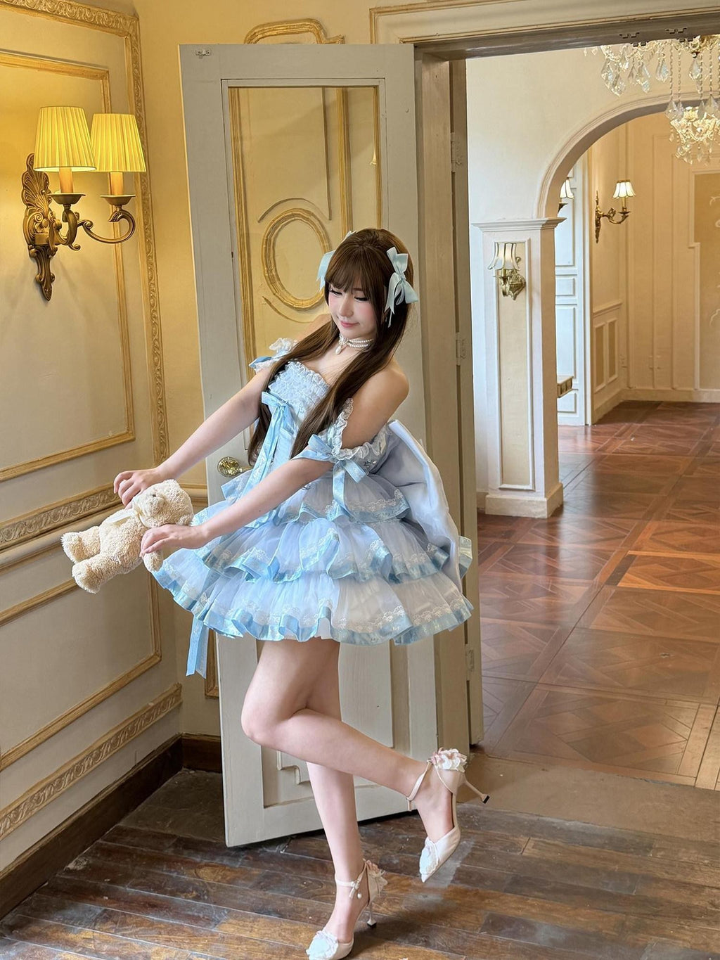 Diamond Sweetheart Blue Satin Ribbon Trailing Bow Princess Women's Jsk / Jumper Skirts