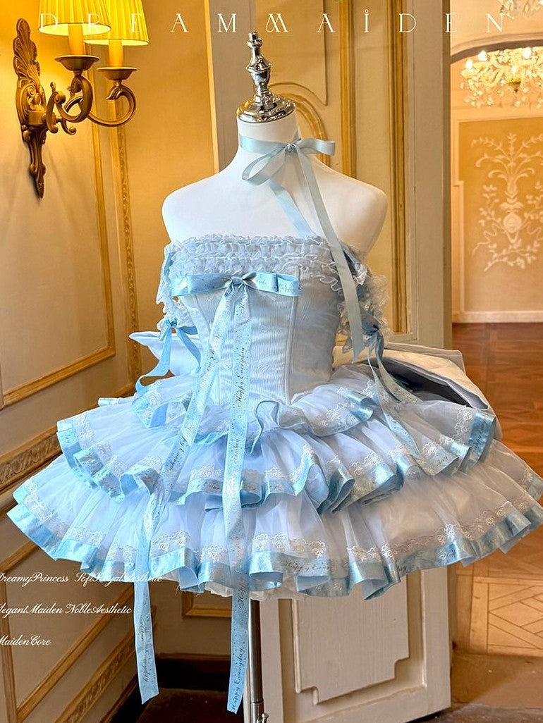 Diamond Sweetheart Blue Satin Ribbon Trailing Bow Princess Women's Jsk / Jumper Skirts