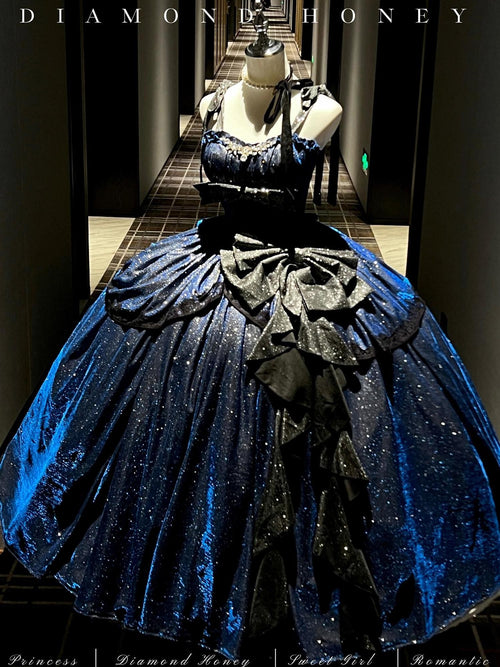 Diamond Sweetheart Blue Starry Print Back Bow Long Maxi Women's Jsk / Jumper Skirts