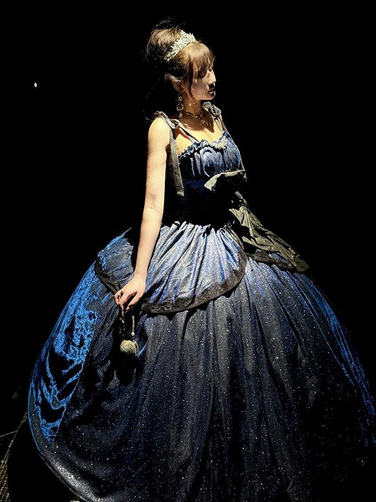 Diamond Sweetheart Blue Starry Print Back Bow Long Maxi Women's Jsk / Jumper Skirts
