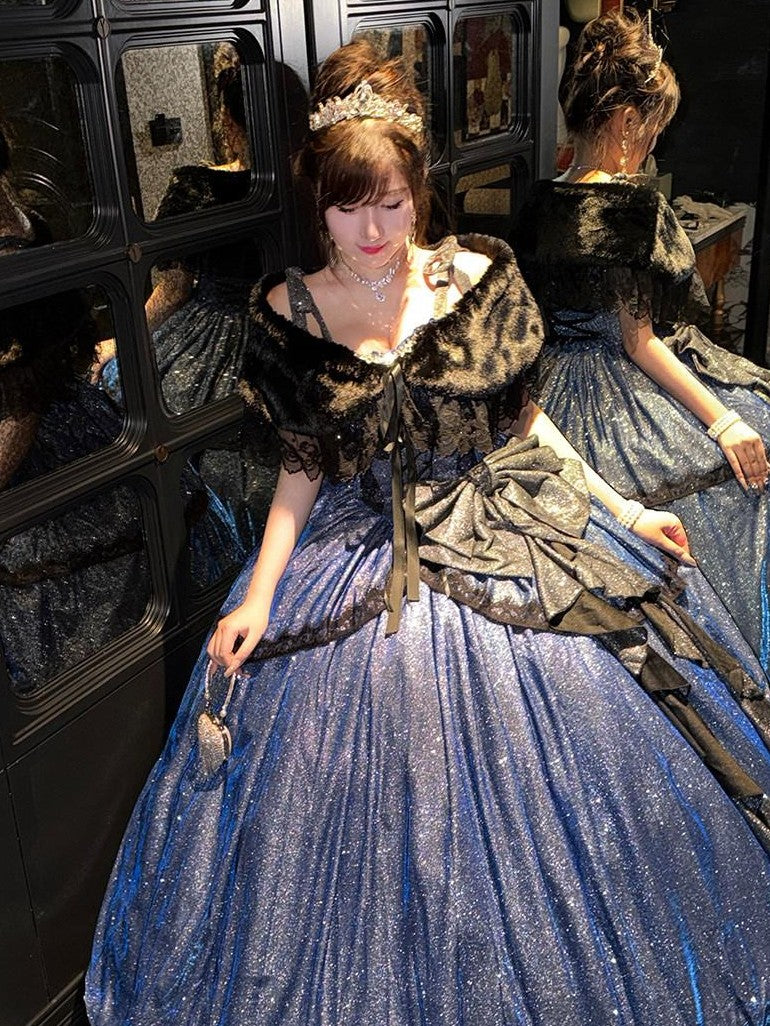 Diamond Sweetheart Blue Starry Print Back Bow Long Maxi Women's Jsk / Jumper Skirts