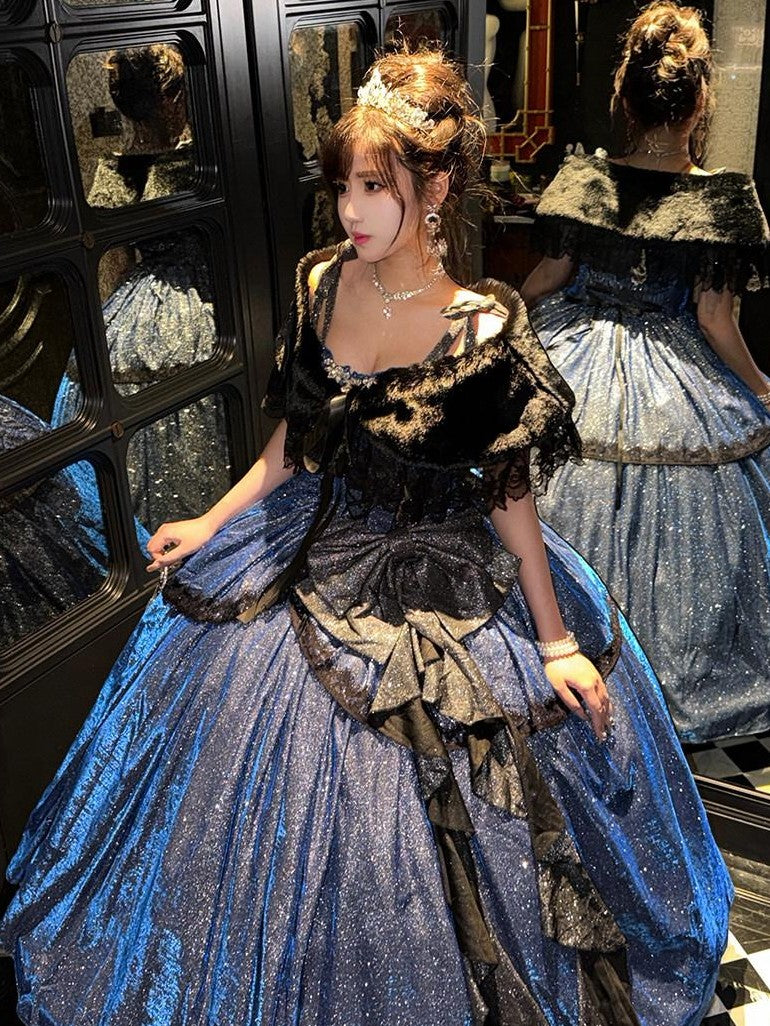 Diamond Sweetheart Blue Starry Print Back Bow Long Maxi Women's Jsk / Jumper Skirts