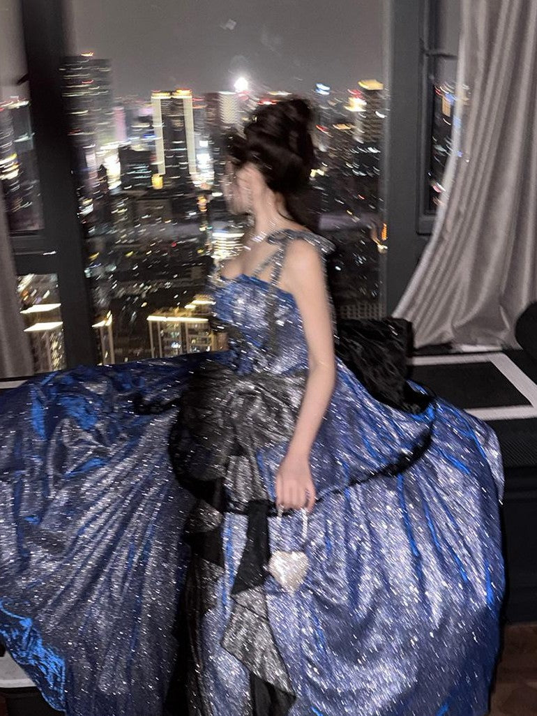 Diamond Sweetheart Blue Starry Print Back Bow Long Maxi Women's Jsk / Jumper Skirts