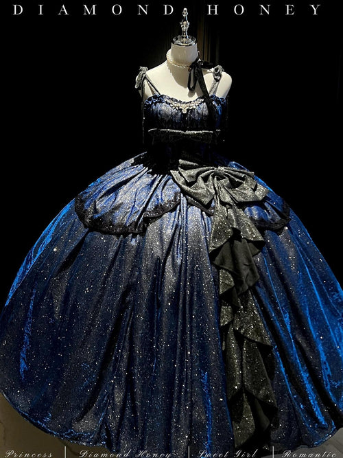 Diamond Sweetheart Blue Starry Print Back Bow Long Maxi Women's Jsk / Jumper Skirts