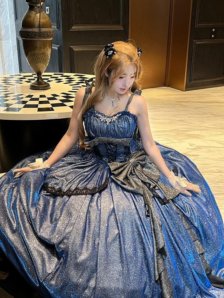 Diamond Sweetheart Blue Starry Print Back Bow Long Maxi Women's Jsk / Jumper Skirts