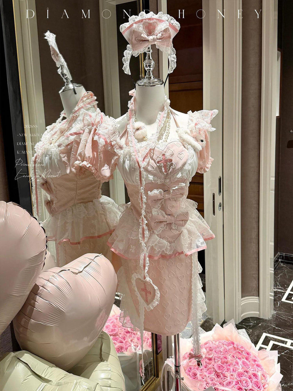 Diamond Sweetheart Cute Pink Modified Qipao Maid Nurse Bodycon Women's Mesh Short Sleeve Op