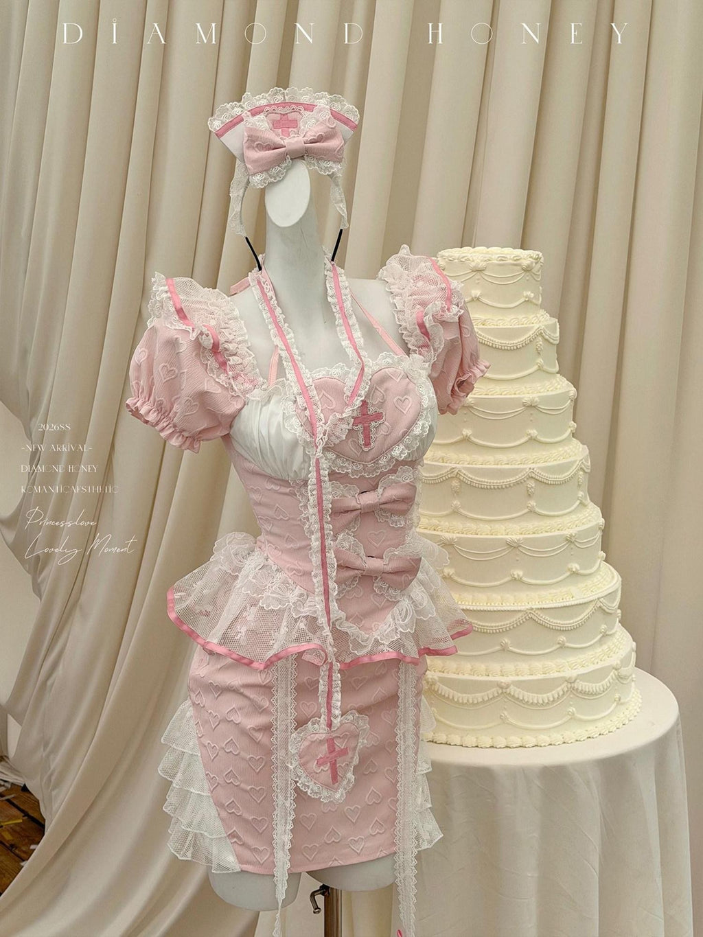 Diamond Sweetheart Cute Pink Modified Qipao Maid Nurse Bodycon Women's Mesh Short Sleeve Op