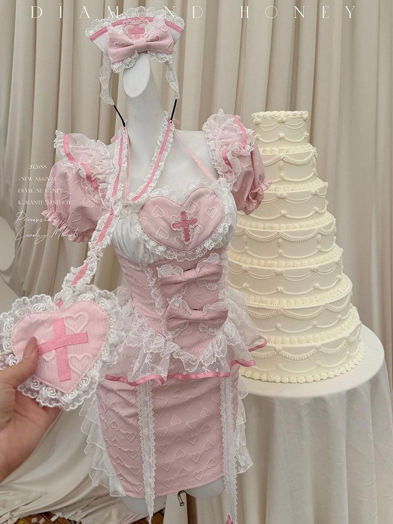 Diamond Sweetheart Cute Pink Modified Qipao Maid Nurse Bodycon Women's Mesh Short Sleeve Op