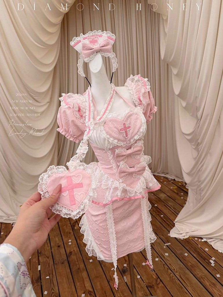 Diamond Sweetheart Cute Pink Modified Qipao Maid Nurse Bodycon Women's Mesh Short Sleeve Op