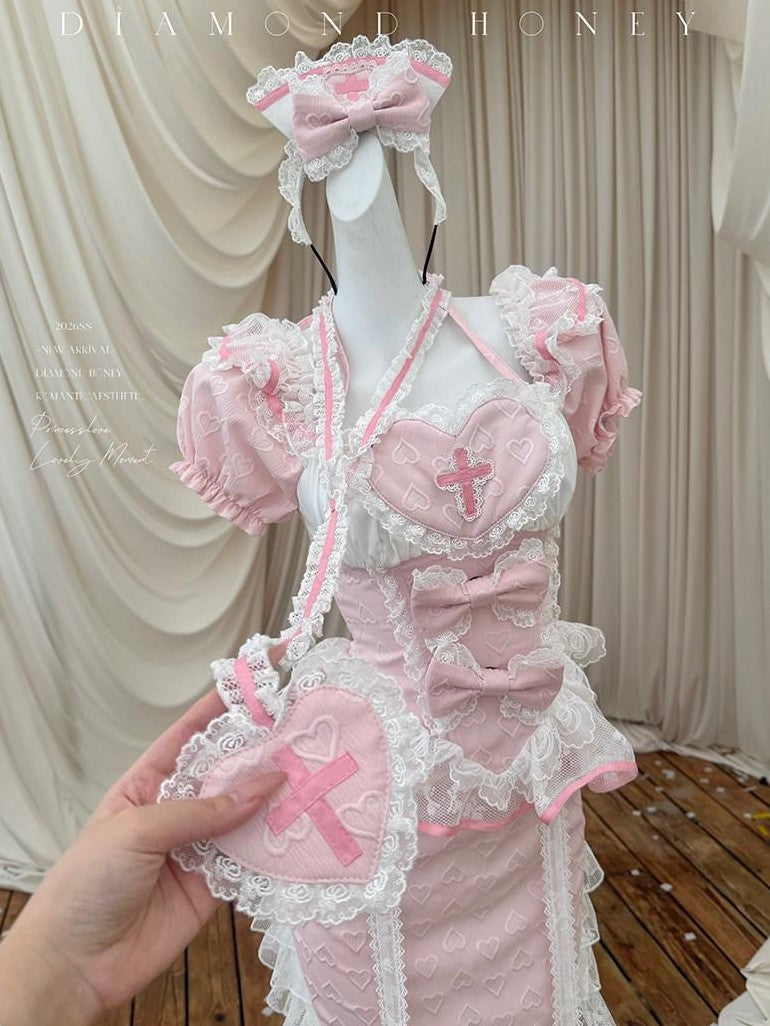 Diamond Sweetheart Cute Pink Modified Qipao Maid Nurse Bodycon Women's Mesh Short Sleeve Op