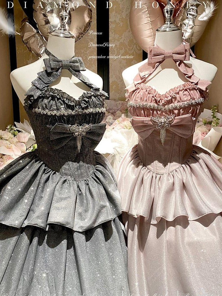 Diamond Sweetheart Elegant Long Layered Back Bow Grey Women's Other Material Jsk / Jumper Skirts