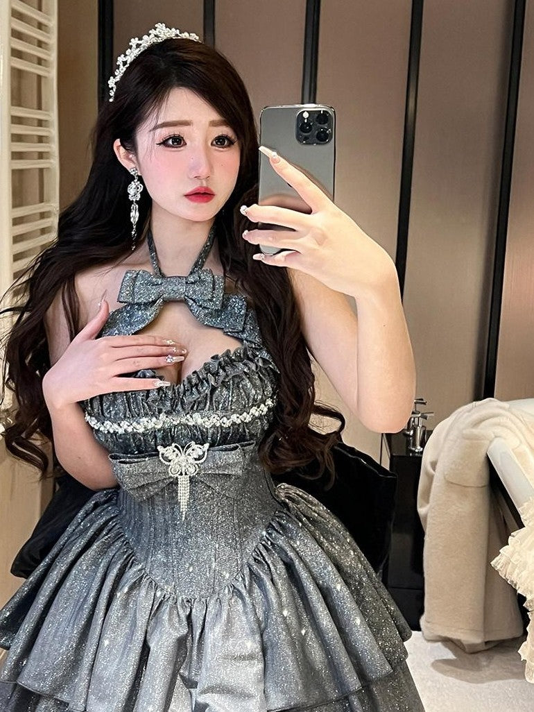 Diamond Sweetheart Elegant Long Layered Back Bow Grey Women's Other Material Jsk / Jumper Skirts