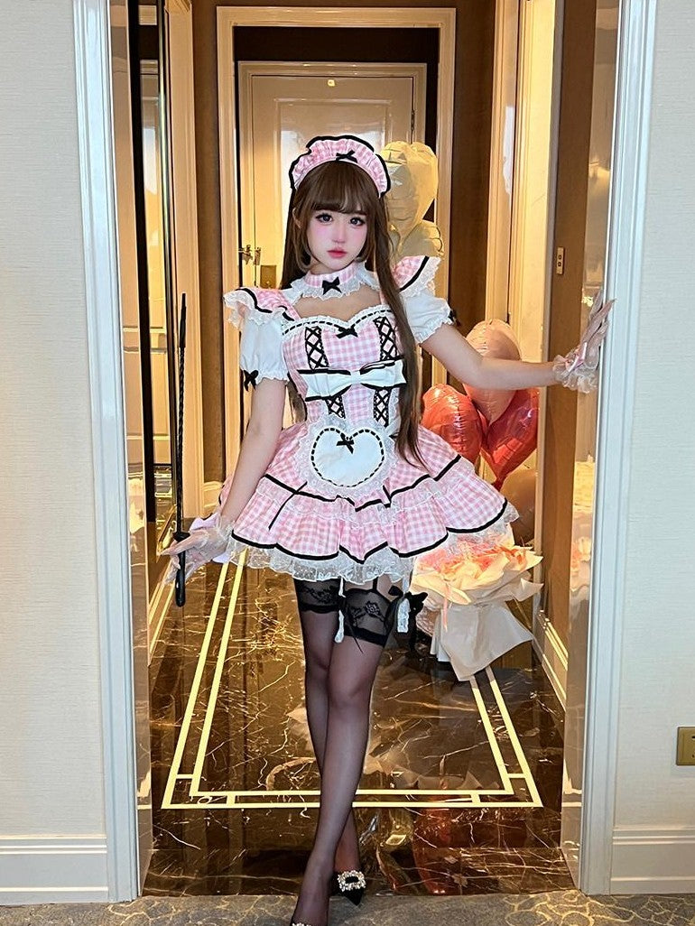 Diamond Sweetheart Girly Plaid Maid Apron Cute Sweet Women's Other Material Short Sleeve Op