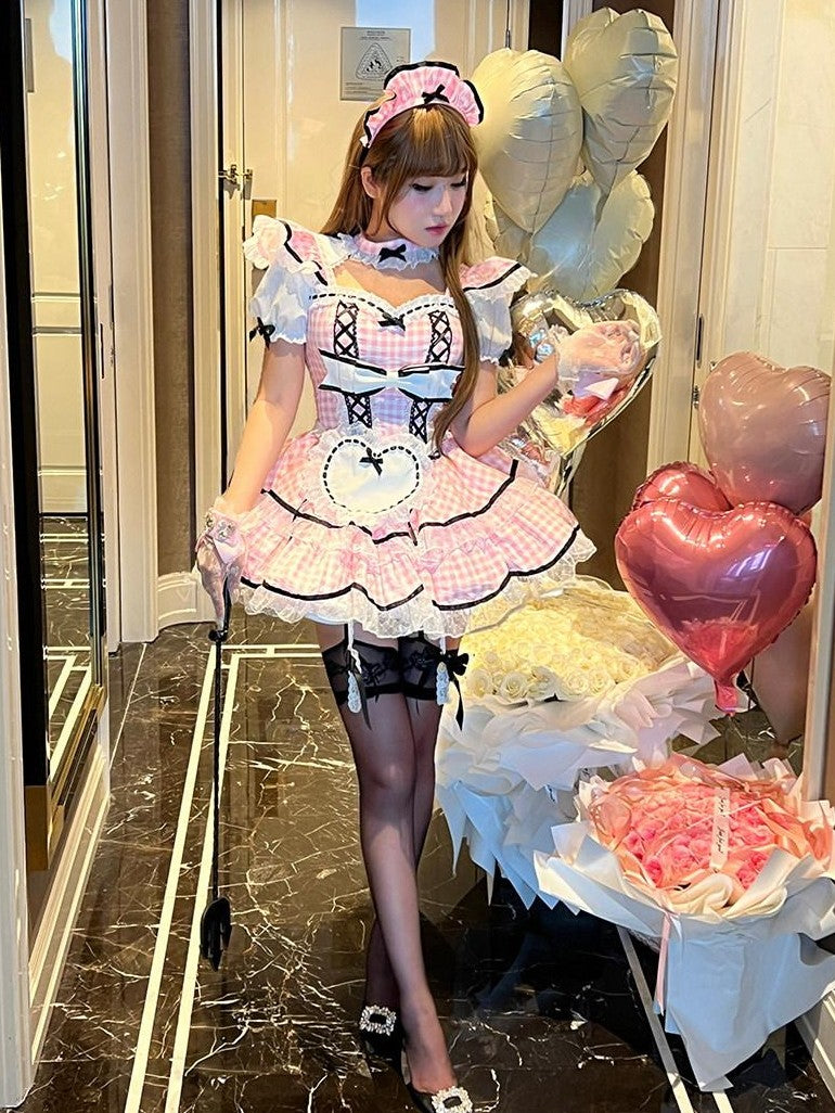 Diamond Sweetheart Girly Plaid Maid Apron Cute Sweet Women's Other Material Short Sleeve Op