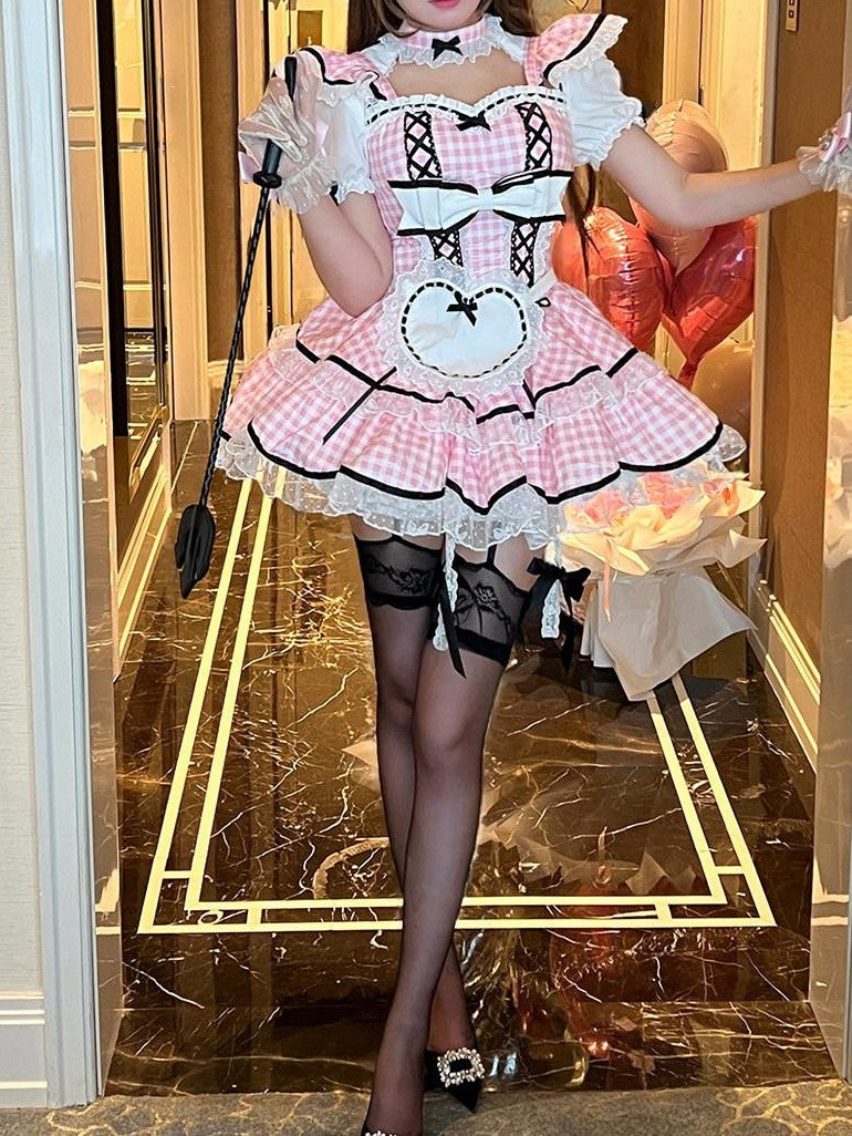 Diamond Sweetheart Girly Plaid Maid Apron Cute Sweet Women's Other Material Short Sleeve Op