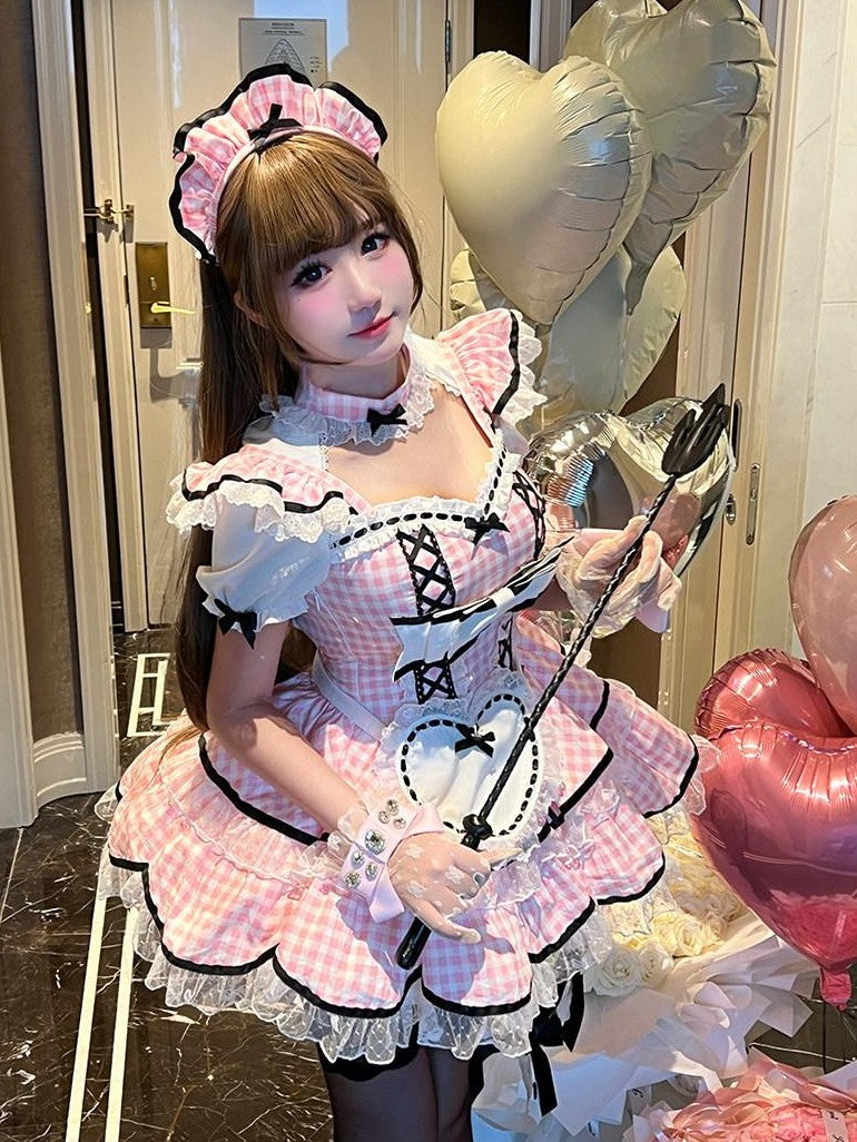 Diamond Sweetheart Girly Plaid Maid Apron Cute Sweet Women's Other Material Short Sleeve Op