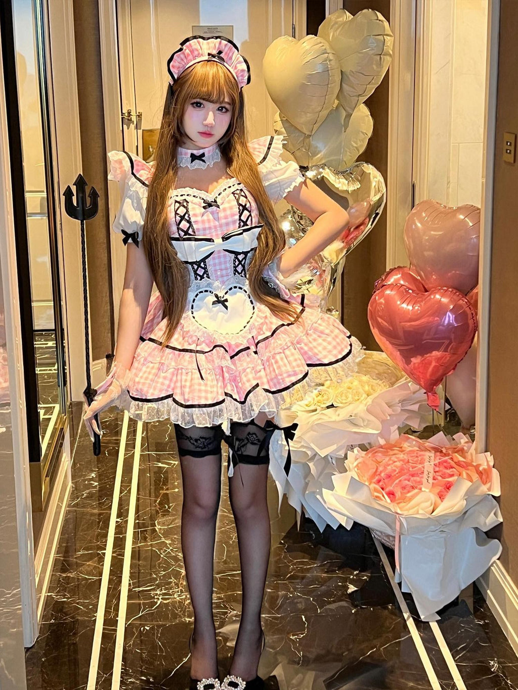 Diamond Sweetheart Girly Plaid Maid Apron Cute Sweet Women's Other Material Short Sleeve Op